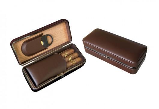 BROWN LEATHER 3 CIGAR FOLDING CASE